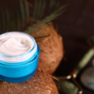 natural organic coconut cream on wooden table